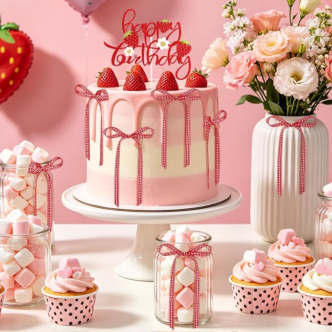 Hooqict 7Pcs Strawberry Cake Decorations Set with Happy Birthday Cake Toppers and Bows for Girls Sweet Strawberry Baby Shower Berry 1st Birthday Party Decorations Supplies