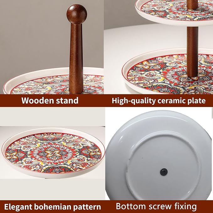 2 Tiered Cupcake Dessert Stand Ceramic, Tiered Serving Cake Stand Bohemian Plates Tray Food Grade Dessert Display Stand, Beautiful Gift for Tea Party, Weddings Parties & Home Décor (Red)