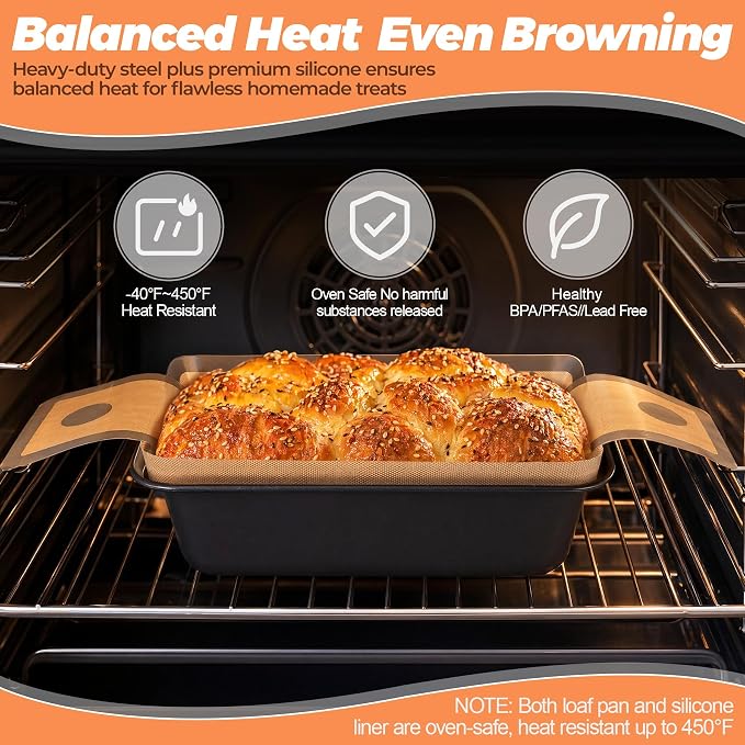 HOTEC Bread Loaf Pan with Liner Set of 4, Nonstick Bread Pans for Homemade Bread with Silicone Bread Sling Liners for Easy Release, Even Heat Distribution Bakeware for Meatloaf Lasagna Cake