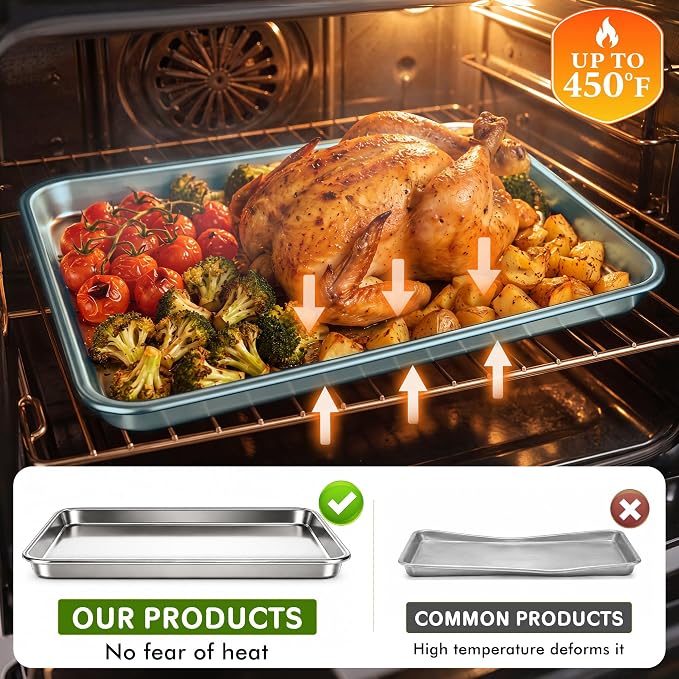 Stainless Steel Baking Sheet Pan Set of 2, Stainless Steel Cookie Sheets for Baking, 18 x 13 Inch Large Baking Tray for Oven, Warp Resistant Nonstick Half Sheet Pan, Heavy Duty & Easy Clean