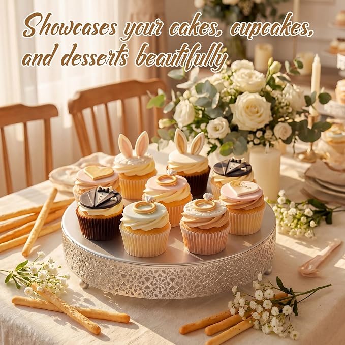 Wenqik 2 Pack Cake Stand Set, 14/16 Inch Metal Round Dessert Cupcake Stand Elegant Cake Decorative Display for Weddings Party Birthday Anniversary, Classic Floral, Silver