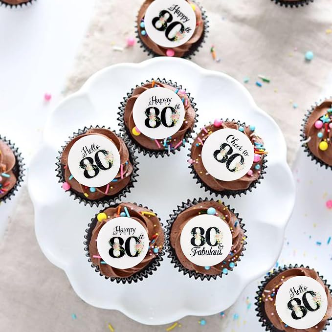 40Pcs Edible Circle Happy 80th Birthday Cupcake Toppers Edible Floral Hello 80 Fabulous Cheers to 80 Cupcake Picks Drink Toppers for Funny Female Floral 80th Birthday Party Decorations