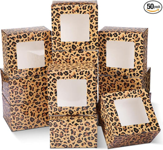 50 Pack Leopard Print Cookie Boxes with Window, Small Bakery Treat Boxes for Pastry Donuts Macaroon Cupcakes, Safari Birthday Wild Themed Party Baby Shower Favors