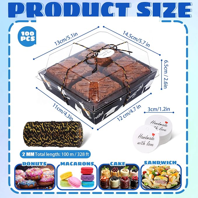 Outus 100 Pack Graduation Party Paper Food Containers Black Charcuterie Boxes with Clear Lids, 5.7 x 5.1 '' Graduation Party Supplies Cake Take out Bakery Boxes with Gift Tags Rope for Desserts Cake