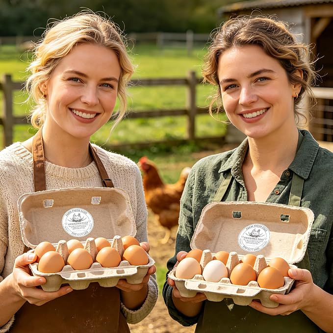 PANTIDE Farm Fresh Eggs Carton Labels Stickers - 500 Count Unwashed Eggs Packaging Adhesive Round Decal Roll, Market Egg Handling Sticker Collected Date for Chicken Quail Duck (2 x 2 Inch, White)