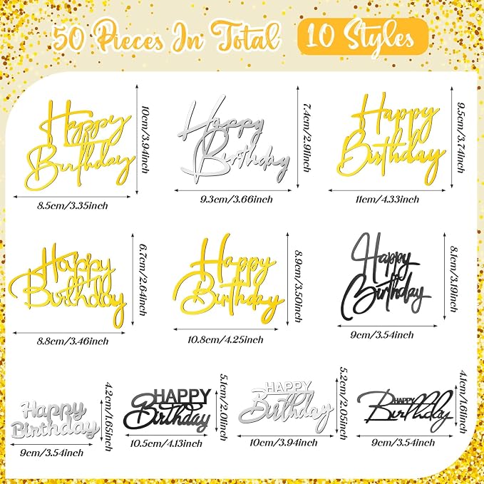 Barydat 50 Pcs Happy Birthday Cake Toppers Bulk Mirror Acrylic Cupcake Topper Decorations Happy Birthday Sign for Cake Inserts Decor Celebrate Anniversary Theme Party Supplies 10 Style(Mixed Colors)