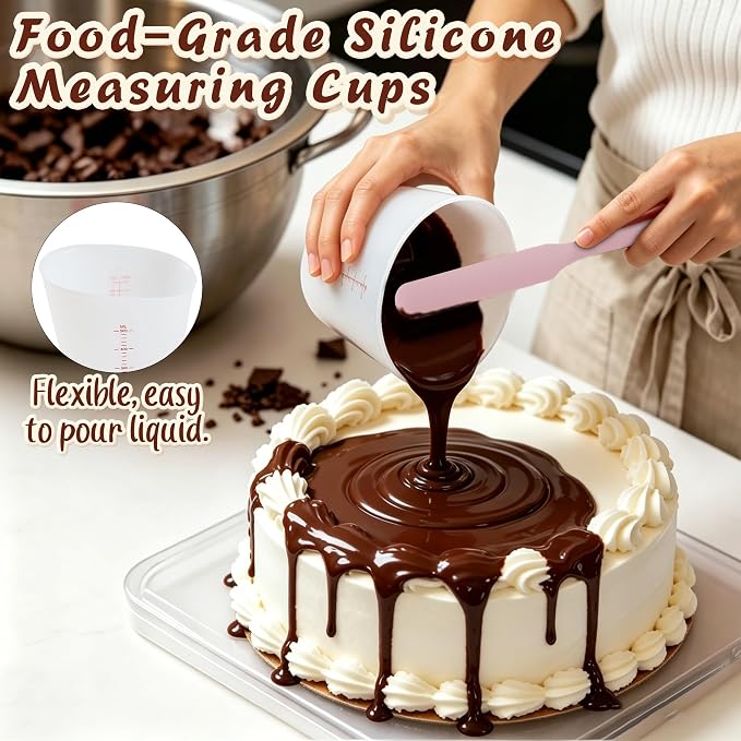 Food-Grade Silicone Measuring Cups with 3Pcs BPA Free Measuring Cups (1/2Cup/1Cup/2Cup) and 3Pcs Reusable Jar Spatulas, Non-Stick Chocolate Melting Cup for Home Baking
