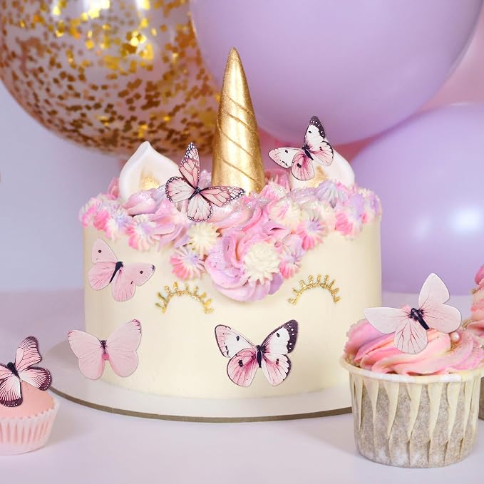 80Pcs Pink Edible Butterfly Cake Decorations Wafer Paper Butterfly Cupcake Toppers Butterflies Cupcake Toppers for Wedding Birthday Anniversary Flower Themed Party Supplies