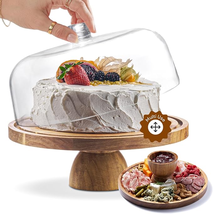 HOMESPHERE Acacia Wood Cake Stand with Lid - Cake Stand with Dome,12in Round Cake Holder, 2-in-1 Dessert Table Display Set & Charcuterie Board for Cheese, Chips & Dips, Fruit Platter, Large Acrylic Cake Dome Cover