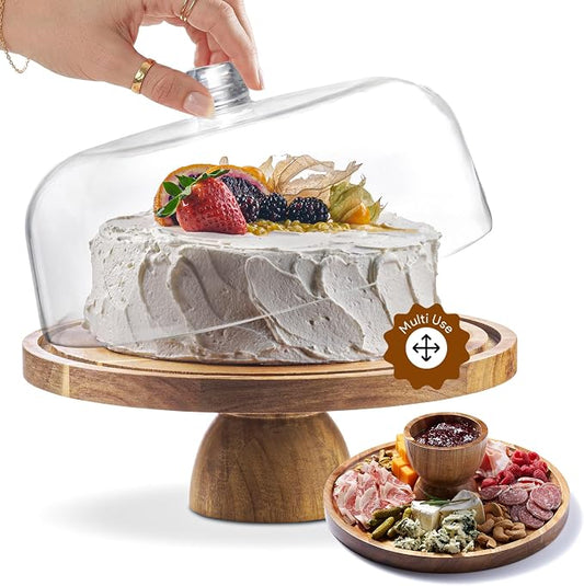 HOMESPHERE Acacia Wood Cake Stand with Lid - Cake Stand with Dome,12in Round Cake Holder, 2-in-1 Dessert Table Display Set & Charcuterie Board for Cheese, Chips & Dips, Fruit Platter, Large Acrylic Cake Dome Cover
