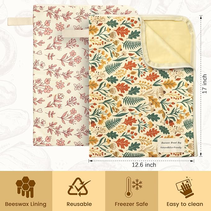 2 Packs Wide Zipper Access Beeswax Bread Bags for Homemade Bread,17"x12.6"Reusable Organic Beeswax Linen Cotton Sourdough Bag,Food Storage Bag,Freezer-Friendly with Water-Resistant Zip to Keep Fresh 1