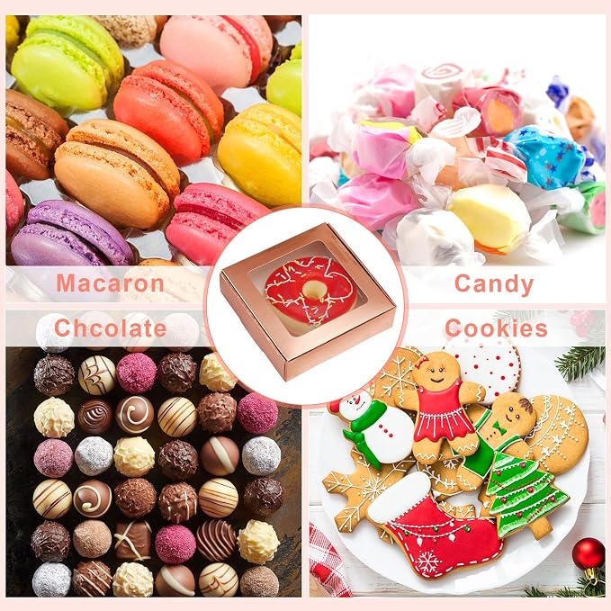 Zonon 30 Pcs Kraft Paper Boxes with Window 4.13 x 4.13 x 1.18 Inch Candy Packaging, Small Gift Boxes, Soap holder, Mini Treat Packaging for Bakery Chocolate Jewelry Display (Rose Gold)