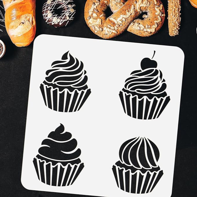FINGERINSPIRE Cupcake Stencil for Painting 11.8x11.8 inch PET Hollow Out DIY Cupcake Home Decor Cream Cherry Drawing Stencil Reusable Cake Art Craft Stencils for Wall Cabinet Canvas Bag Paper Decor