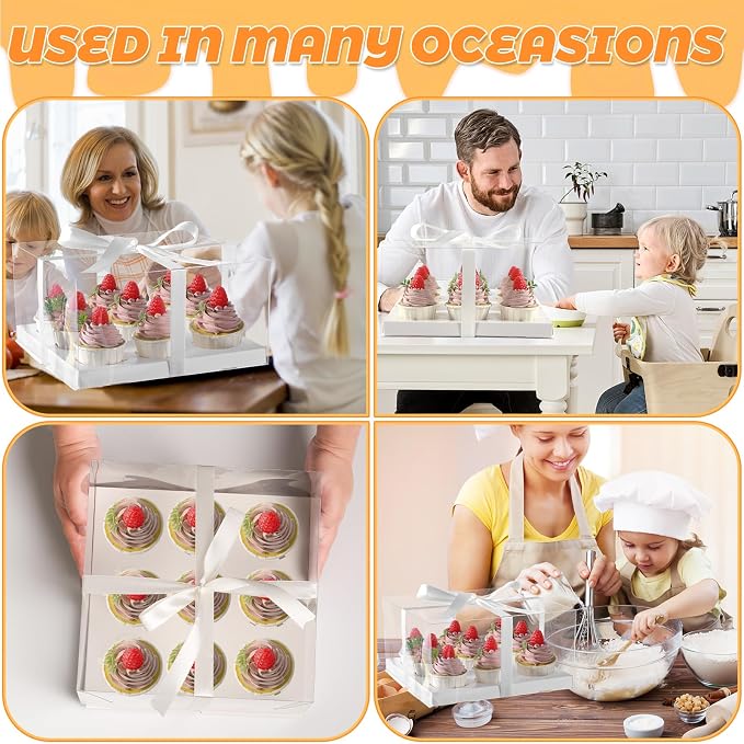9 Counts x 8 Sets Cupcake Containers 9 Count Cupcake Boxes with 5.5inches height Assembly Plastic Cupcake Holders Disposable Cupcake Carriers for Birthday Party Pastry Bakery Supplies(9count/8pcs)