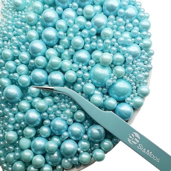 SE Si&Moos Baby Blue Edible Pearls Light Blue Pearl Sprinkles for Cake Decorating Edible Cake Sugar Pearls Halloween Christmas Cookie Decorations Edible Baby Shower Cake Decorations for Cakes,Cupcakes Toppers 3.5 OZ with Tweezers