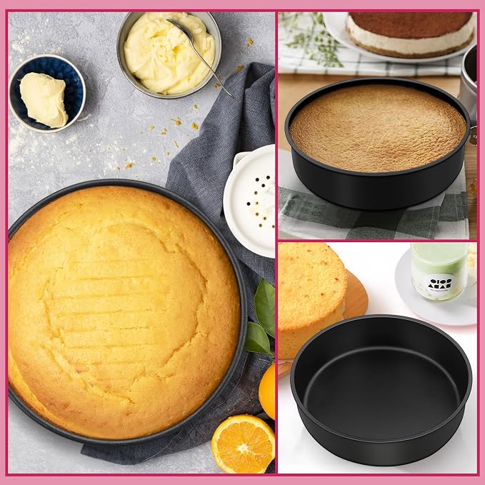 E-far Cake Pan Set of 4 (4 inch/6 inch/8 inch/9½ inch), Nonstick Round Baking Cake Pans for Tier Birthday Wedding Cake, Stainless Steel Core & Non-Toxic Coating, 2 Inch Deep (Black)