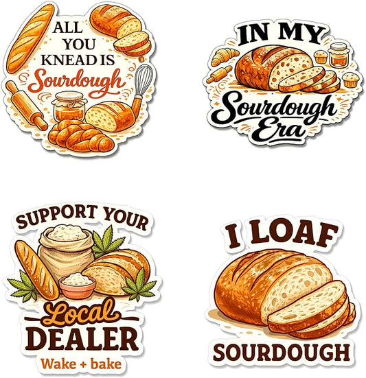 (4 Pcs) Funny Sourdough Baking Stickers Sourdough Humor Waterproof Vinyl Decal for Laptop, Water Bottle, Phone, Tumbler, Car Bumper