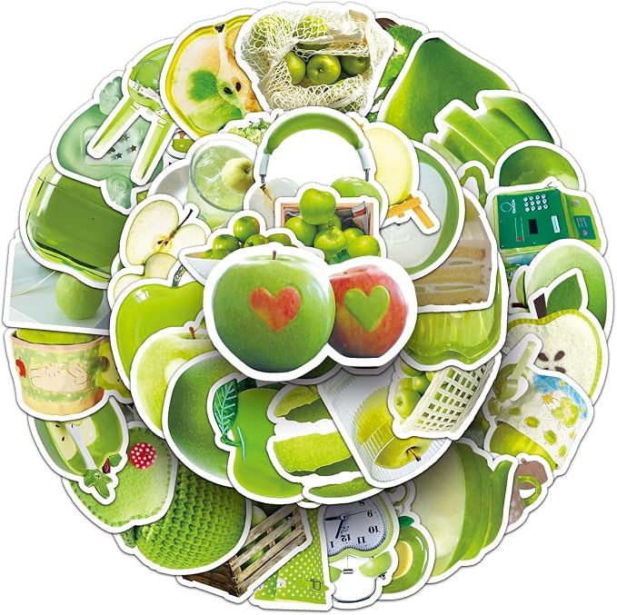 50 Pcs Green Apple Stickers - Ins Style Kawaii Cute Vinyl Decals for Journal, Laptop, Phone Case, Scrapbooking - Waterproof Trendy Sticker Pack (Green Apple)