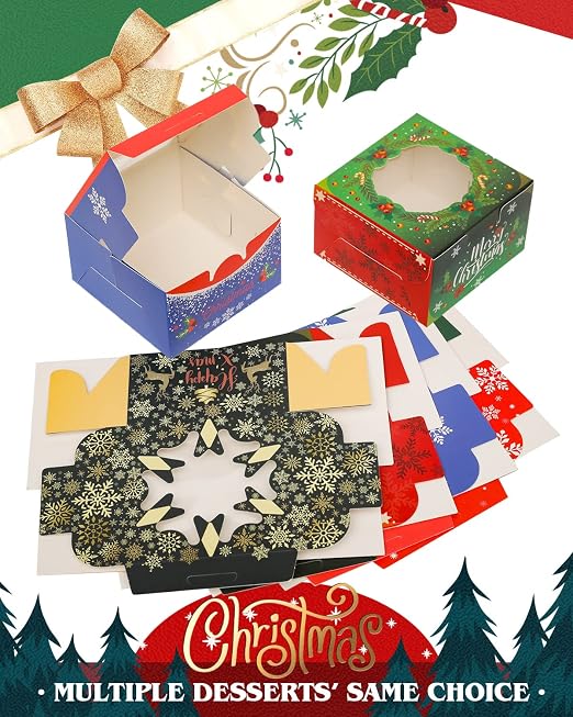 qiqee Christmas Bakery Boxes with Window 52pcs 4x4x2.5 Inch Mini Cookie Boxes Macaron Boxes Small Donut Pastry Boxes for Christmas