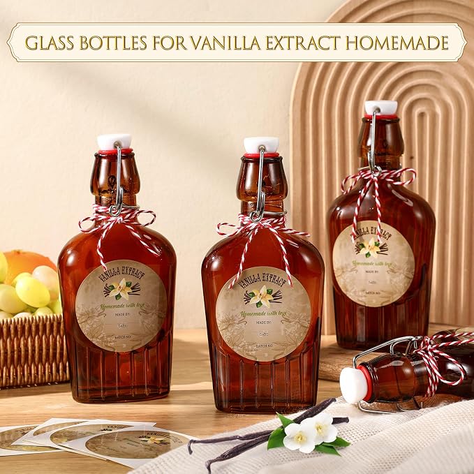 Uiifan 2 Pack 8 oz Vanilla Extract Bottles with Swing Top Flask Whiskey Pocket Amber Glass Flask for Homemade Vanilla Extract Lemon Kombucha Water Apply Christmas Wedding Gift (Amber)