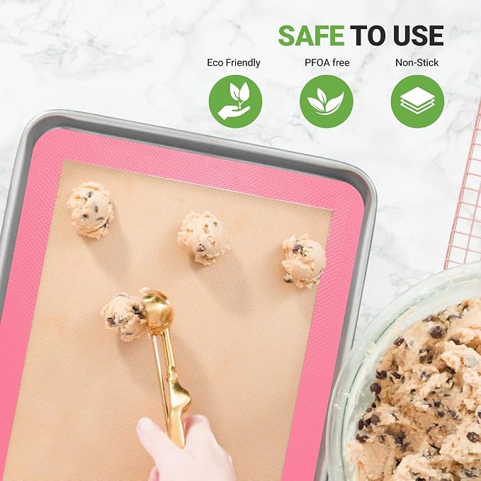 Silicone Baking Mats | 2 Non-stick Food-Grade Reusable Silicone Mats | Perfect for Half Baking Pans 16.5 x 11.6 IN | Oven-Safe Up to 480 Degrees F | Safe for Ovens, Freezers, & Dishwashers (Pink)