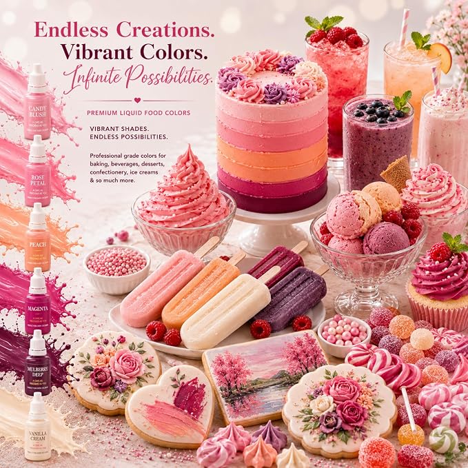 Confect Valentine Water Color Food Coloring Set – Highly Pigmented Oil Based Food Colors for Cakes, Buttercream, Drinks, Popsicles & Baking – 6 Pack × 10mL
