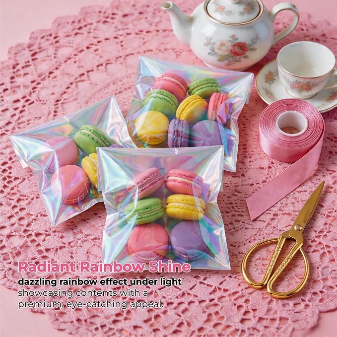 200Pcs Iridescent Cookie Bags Self Sealing Cellophane Treat Bags | Clear Resealable Adhesive Plastic Bags for Cookies, Candy, Party Favors, Gift Packaging (4x4 Inches)