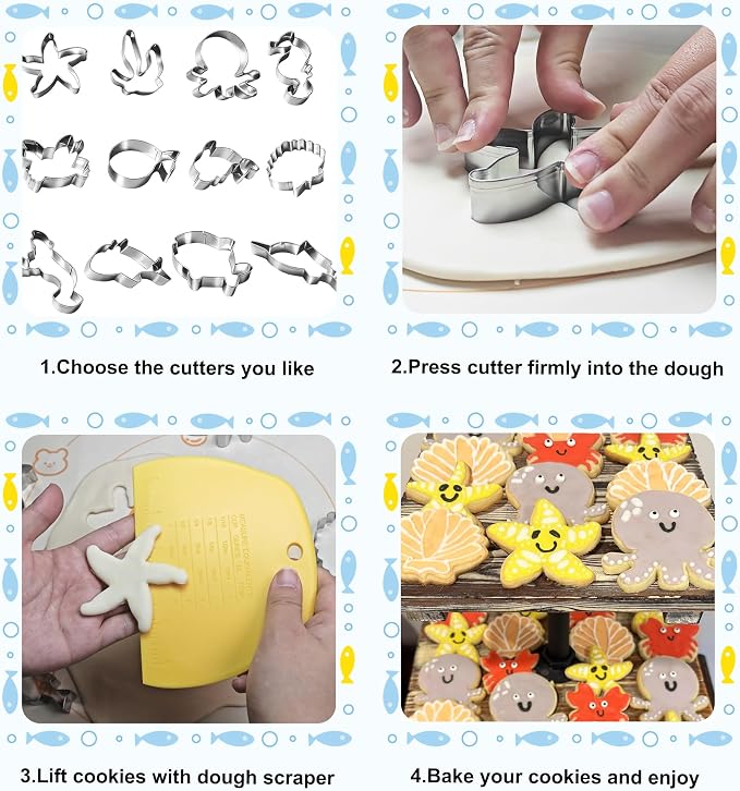Under the Sea Cookie Cutter Set - 12Pcs Mini Cookie Cutters Variety Pack with Dough Scraper, Stainless Steel Cookie Mold for Biscuits, Fondant, Sandwiches and Pancakes