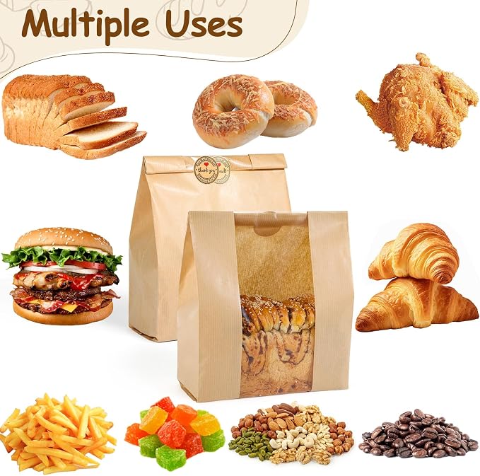 110 Pcs Bread Bags for Homemade Bread With Window Sourdough, 13.78x8.27x3.54 in, Sublaga Paper Bread Bags with 120Pcs Sealing Stickers, Packaging and Storage of Baked Goods Suitable for Bakers (110)