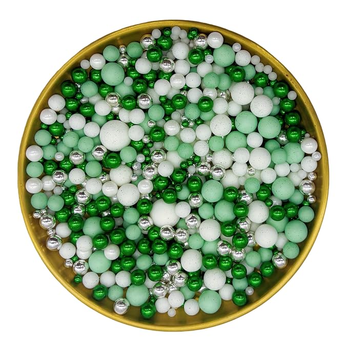 Dynastang Mixed Size Green Series & White Pearls Sprinkles Edible Pearls Cake Decorating Pearls Cake Decorations Cupcake Toppers Decorating Perfect for Cakes, Cupcakes, Desserts 3OZ