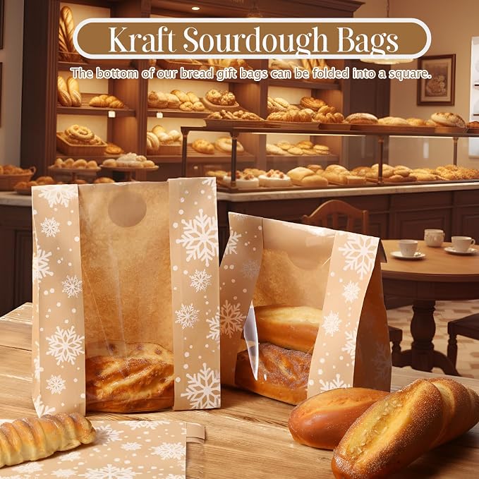Feifeiya 100 Pack Kraft Paper Bread Bags for Homemade Sourdough Bread with Window & Stickers, 13.7x8.3 Large Bakery Bags for Loaves Greaseproof Food Packaging for Baking Gifts, Brown(Snowflake)