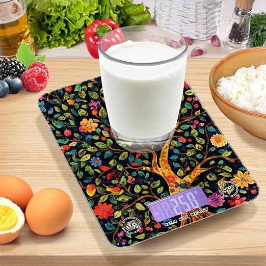Food Scale Kitchen Scale for Baking Cooking Digital Food Weighing Measuring Scale Small Waterproof Electric Food Scale Tree of Life Floral Leaves Black