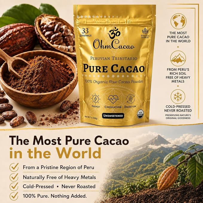 Pure Raw Organic Cacao Powder | Premium Ceremonial Grade Cacao | Natural Source of Flavanols, Magnesium, Iron & Theobromine | Sugar-Free Hot Cocoa Chocolate Drink & Baking Mix | Unsweetened - (33 Servings)