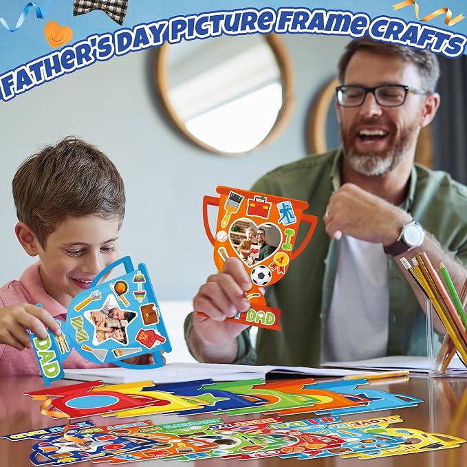 Dianelhall 24 Sets Father's Day Trophy Craft Kits I Love Dad DIY Photo Frame Best Dad Picture Frame Gift with Stickers for Happy Father's Day Decorations Classroom Holiday Party Activities(Trophy)