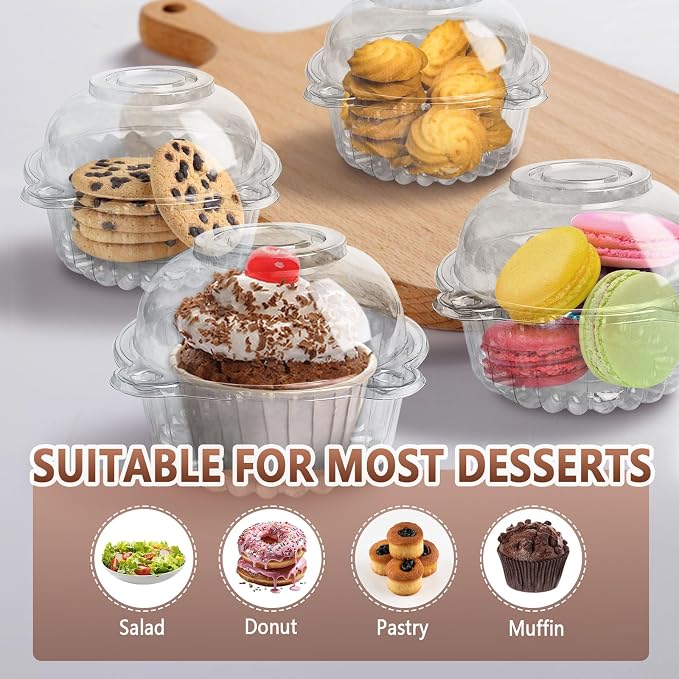 100 Pack Plastic Cupcake Containers with Dome Lids, Disposable Individual Clear Cupcake Boxes Holders Carrier, Single to Go Cake Packaging Muffin Containers for Dessert Donut Salad Wedding Party