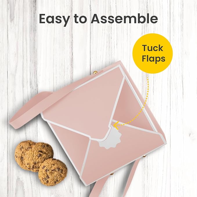 Hammont Cookie Boxes for Gift Giving - 4 Pack of Bakery Boxes, Easy to Assemble Decorative Cardboard Luxury Box with Faux Leather Handle Jewelry, Chocolate and Candy 5x7x3 Inches (Pink) (HM1781)