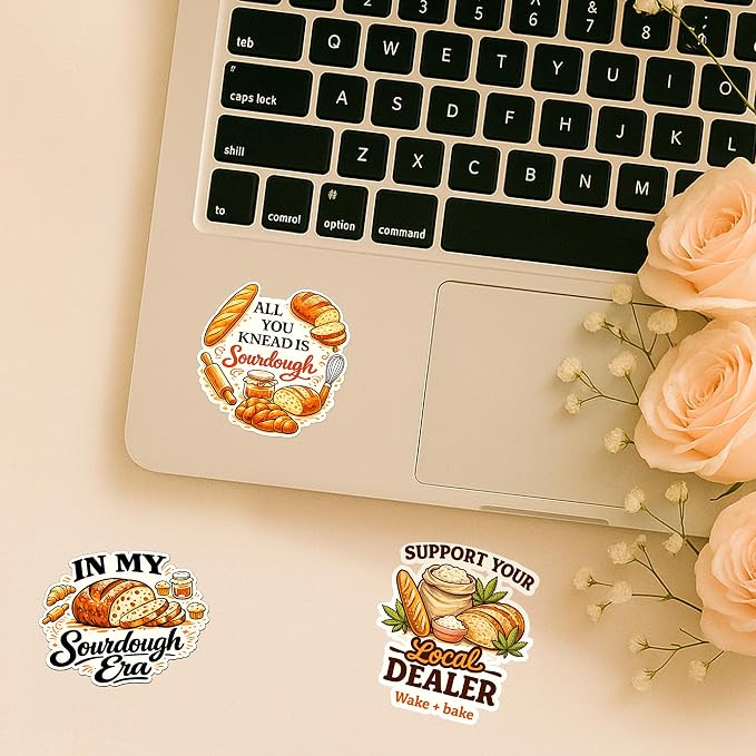 (4 Pcs) Funny Sourdough Baking Stickers Sourdough Humor Waterproof Vinyl Decal for Laptop, Water Bottle, Phone, Tumbler, Car Bumper