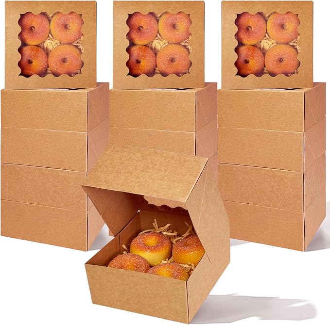 qiqee Auto-pop up Cookie Box with Window 6x6x3 Inch Brown 60Pcs Pastry Macaron Bakery Pie Box For Packaging
