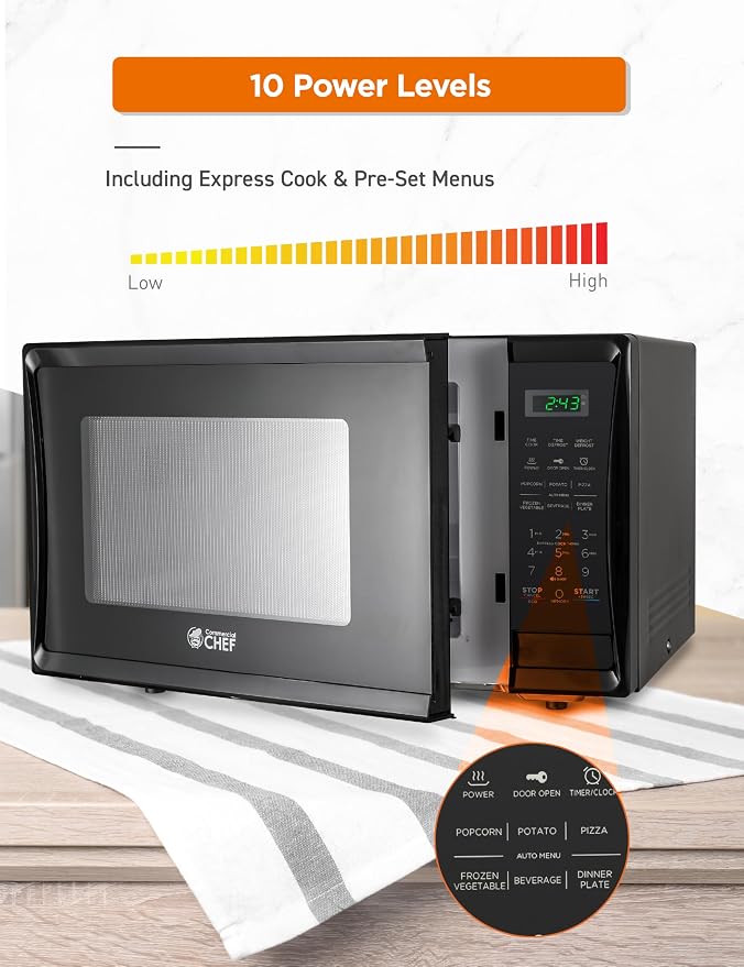 Commercial Chef 1.1 Cu. Ft. Countertop Microwave Oven, Touch Controls with Digital LED Display, 1000W Small Microwave with 12.4” Turntable Plate, Push Button Door, 10 Power Levels, CHM11MB, Black