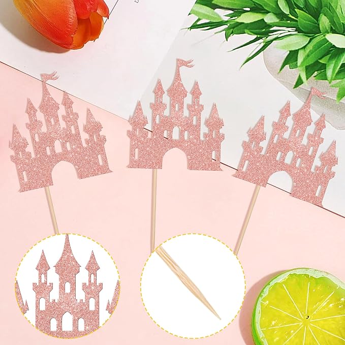 24 PCS Castle Cupcake Toppers Glitter Queen Princess Castle Cupcake Picks Castle Theme Birthday Party Decoration for Princess Birthday Girls Baby Shower Party Cake Decorations Supplies Rose Gold