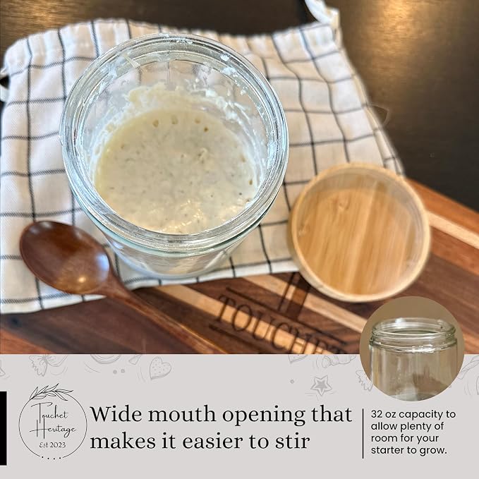 Sourdough Starter Jar (32oz) | Sourdough Starter Kit | Thick, Durable Glass w/Bamboo Lid | 6.5” x 4" | Wide Mouth Glass Jar for Sourdough with Wooden Spoon & Silicone Measuring Band