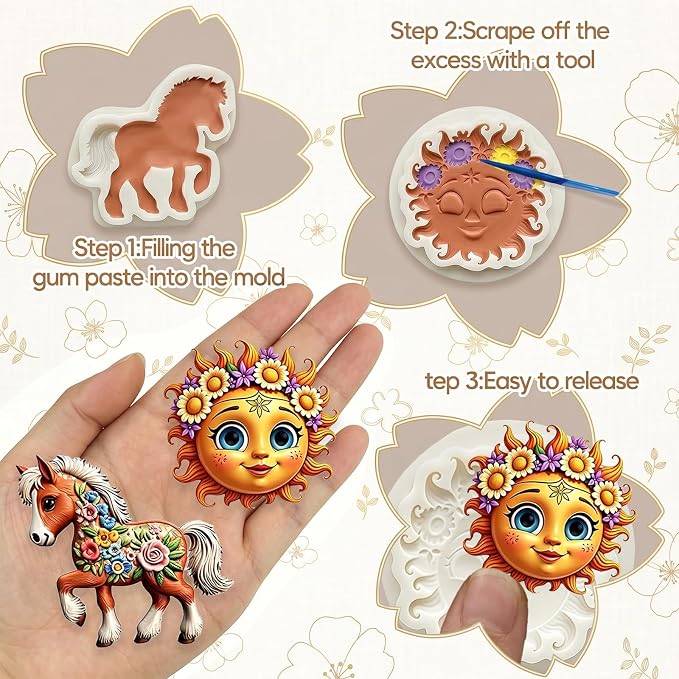2Pcs Floral Horse Sun Face Silicone Fondant Molds, 3D Pony Sunflower Candy Molds for Cake Decorating Cupcake Toppers Chocolate Resin Soap Clay DIY Baking Sugarcraft Tools Birthday Party