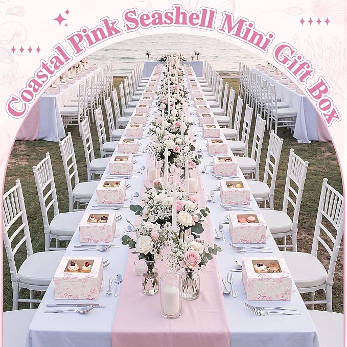 50 Pack Pink Seashell Cookie Boxes with Window, Pink Bow Treat Boxes for Bridal Shower, Baby Girl Shower & Coastal Wedding - Bakery Favor for Cookies, Macarons & Cupcakes