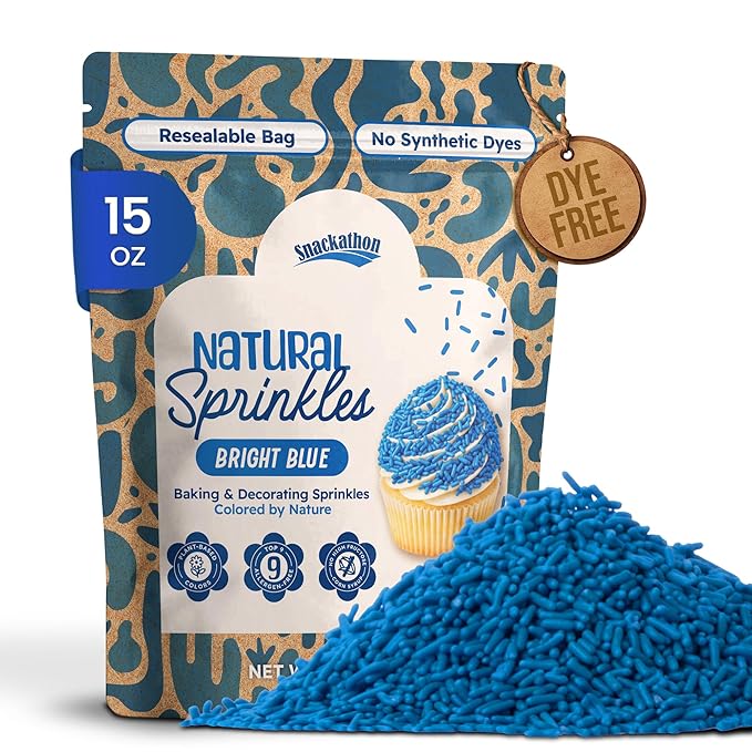 Snackathon Natural Sprinkles for Baking & Decorating, Dye-Free Blue Sprinkles, 15 oz Bulk Jimmies in Resealable Bag - Naturally Colored, No Artificial Dyes, Gluten-free for Cupcakes, Cookies & Ice Cream