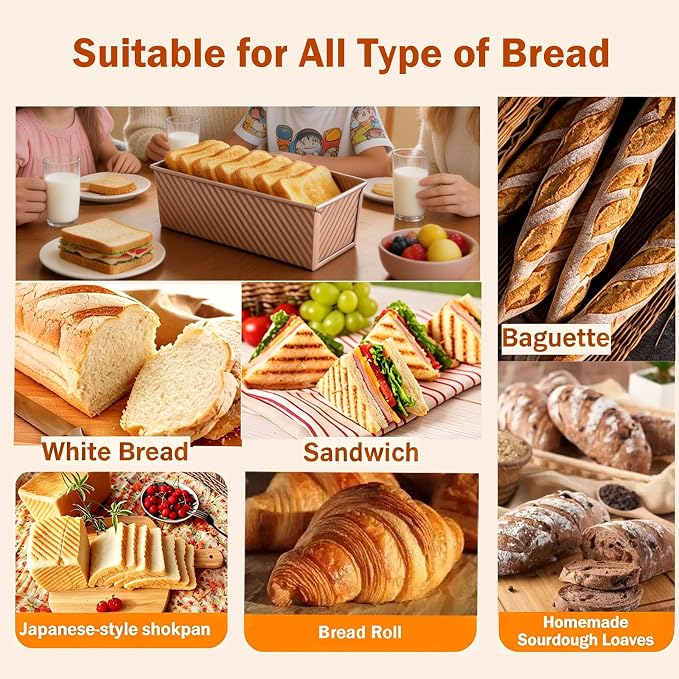 3 Pack Pullman Loaf Pans with Lids, 2.2LB & 1LB & 0.5LB Dough Capacity, Non-Stick Carbon Steel Sandwich Bread Loaf Pan for Homemade Baking Sourdough, Heavy Duty Corrugated Toast Mold, Black+Golden