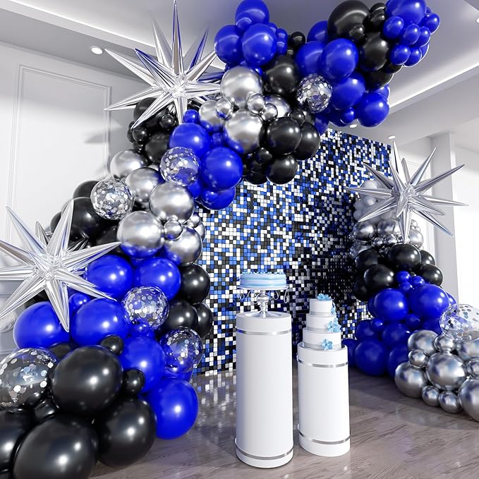 Blue and Black Balloon Arch Kit, 201Pcs Explosion Star Royal Blue Metallic Sliver Black Balloon Garland kit, Different Size Balloons for Anniversary Birthday Graduation Prom Party Decorations