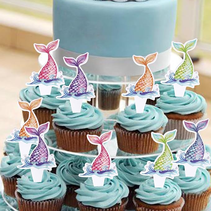40 PCS Mermaid Tail Cupcake Toppers Double Sided Under the Sea Mini Tail Cupcake Picks Mermaid Birthday Decorations for Ocean theme Baby Shower Birthday Party Cake Decorations Supplies