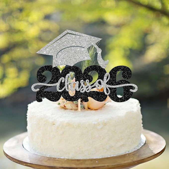 1 Pack Class of 2026 Cake Topper Glitter Congrats Grad Cap 2026 Graduation Cake Pick for 2026 Graduation Theme High School Boys Girls Graduate Party Cake Decorations Supplies Black Silver