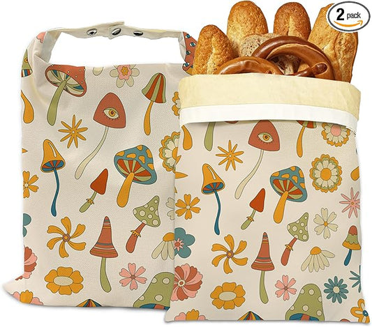 Bread Bags for Homemade Bread- Vintage Mushrooms 2 Pack Linen and Beeswax Sourdough Storage Bags, Reusable Keeper, Keeps Breads Fresh Longer, Gifts for Bakers