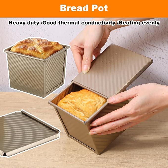 2pcs mini loaf pans with lids pullman loaf pan with lid bread pan with lid Nonstick Square bread loafs pans with lids 4.53x3.94x4.33in Mini Toast Box with Slide Cover for Baking 250g/0.55Lb